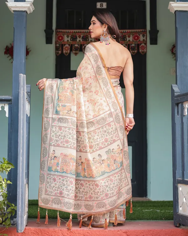 Ivory_with_Floral_Prints_Linen_Cotton_Handloom_Printed_Saree,_Festive_Procession_Pallu,_and_Tassels