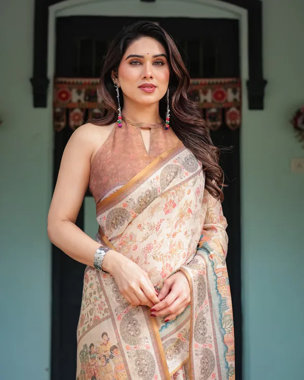 Ivory_with_Floral_Prints_Linen_Cotton_Handloom_Printed_Saree,_Festive_Procession_Pallu,_and_Tassels