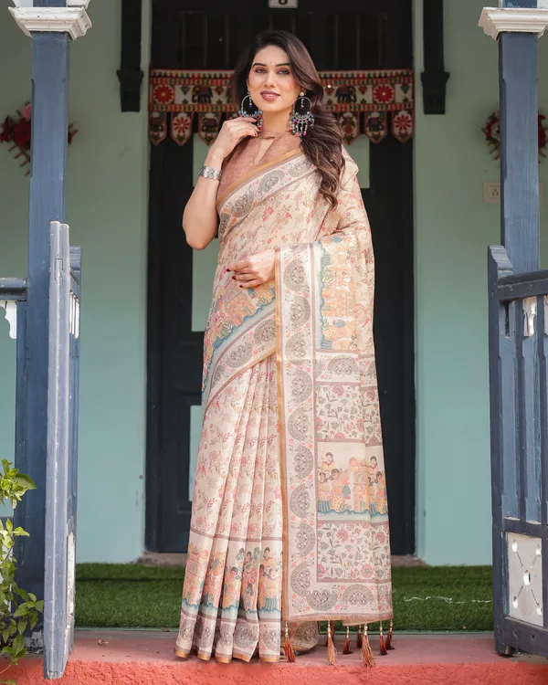 Ivory_with_Floral_Prints_Linen_Cotton_Handloom_Printed_Saree,_Festive_Procession_Pallu,_and_Tassels