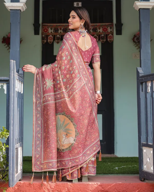 Mauve_with_Floral_Motifs_Linen_Cotton_Handloom_Printed_Saree,_Pastoral_Scene_Pallu,_and_Tassels