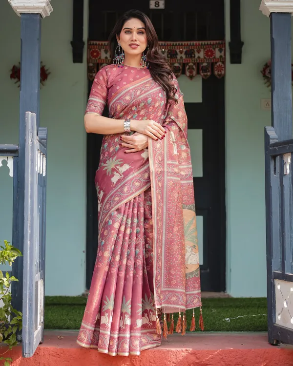 Mauve_with_Floral_Motifs_Linen_Cotton_Handloom_Printed_Saree,_Pastoral_Scene_Pallu,_and_Tassels