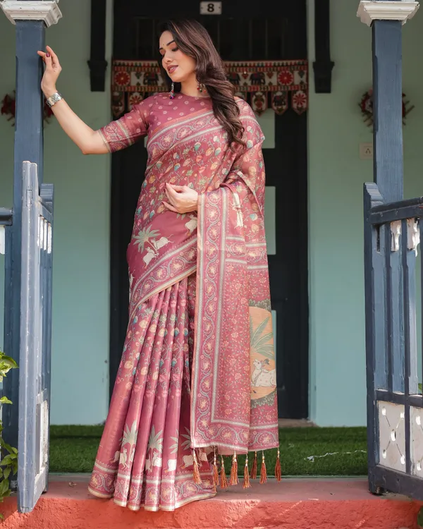 Mauve_with_Floral_Motifs_Linen_Cotton_Handloom_Printed_Saree,_Pastoral_Scene_Pallu,_and_Tassels