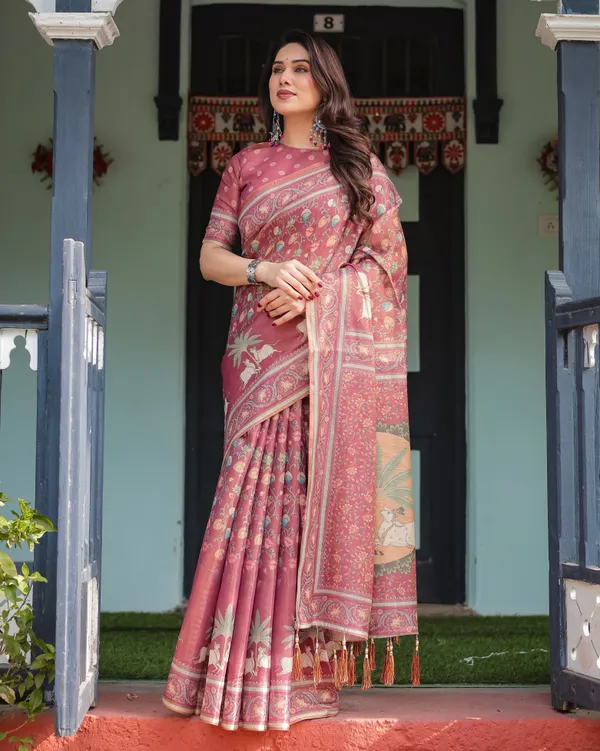 Mauve_with_Floral_Motifs_Linen_Cotton_Handloom_Printed_Saree,_Pastoral_Scene_Pallu,_and_Tassels