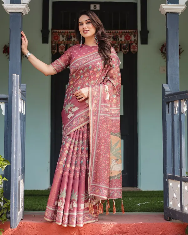 Mauve_with_Floral_Motifs_Linen_Cotton_Handloom_Printed_Saree,_Pastoral_Scene_Pallu,_and_Tassels