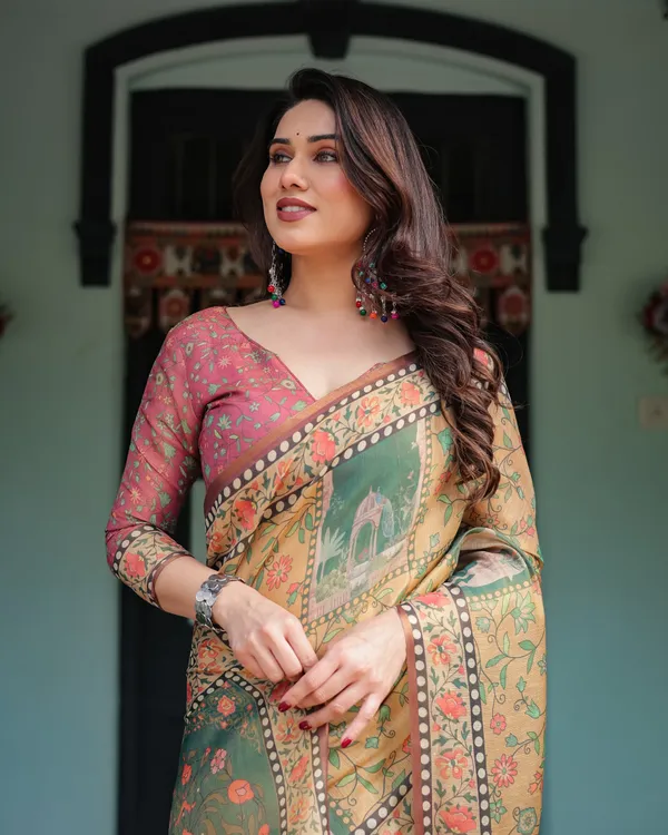 Mustard_Yellow_with_Floral_Motifs,_Linen_Cotton_Handloom_Printed_Saree_Architectural_Pallu,_and_Tassels