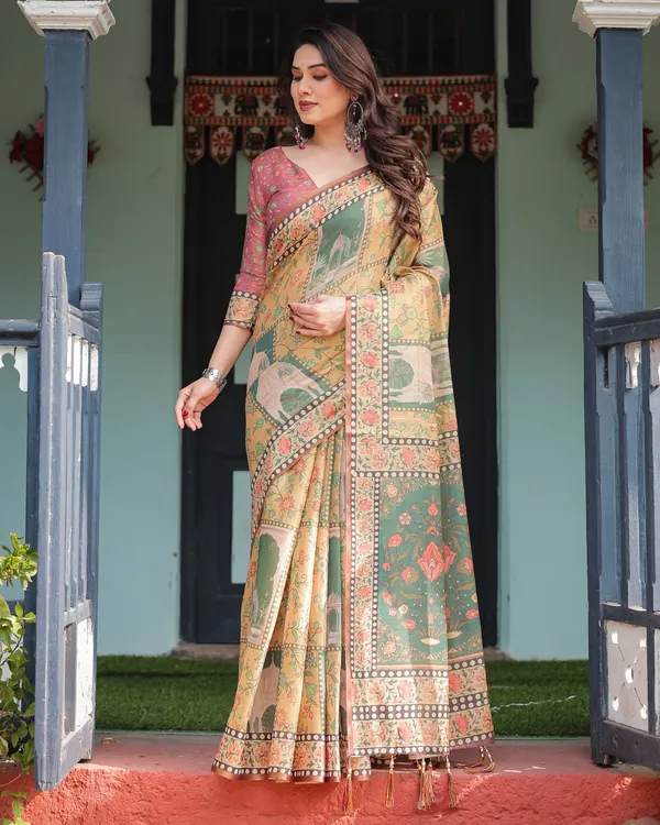 Mustard_Yellow_with_Floral_Motifs,_Linen_Cotton_Handloom_Printed_Saree_Architectural_Pallu,_and_Tassels
