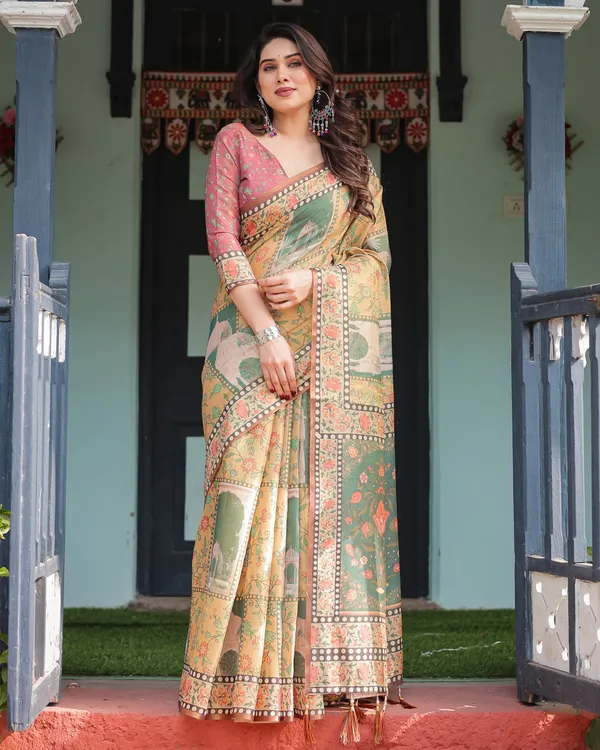 Mustard_Yellow_with_Floral_Motifs,_Linen_Cotton_Handloom_Printed_Saree_Architectural_Pallu,_and_Tassels