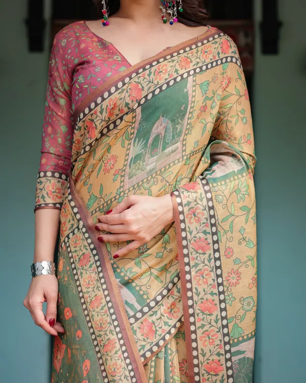 Mustard_Yellow_with_Floral_Motifs,_Linen_Cotton_Handloom_Printed_Saree_Architectural_Pallu,_and_Tassels