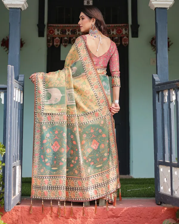 Mustard_Yellow_with_Floral_Motifs,_Linen_Cotton_Handloom_Printed_Saree_Architectural_Pallu,_and_Tassels