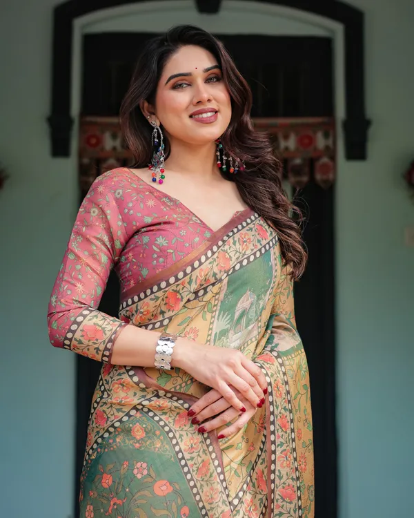 Mustard_Yellow_with_Floral_Motifs,_Linen_Cotton_Handloom_Printed_Saree_Architectural_Pallu,_and_Tassels
