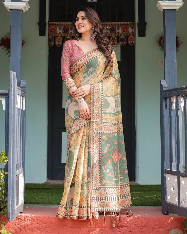Mustard_Yellow_with_Floral_Motifs,_Linen_Cotton_Handloom_Printed_Saree_Architectural_Pallu,_and_Tassels