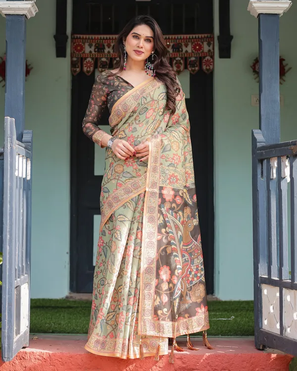 Sage_Green_with_Bold_Floral_Motifs_Linen_Cotton_Handloom_Printed_Saree,_Vibrant_Peacock_Pallu,_and_Tassels