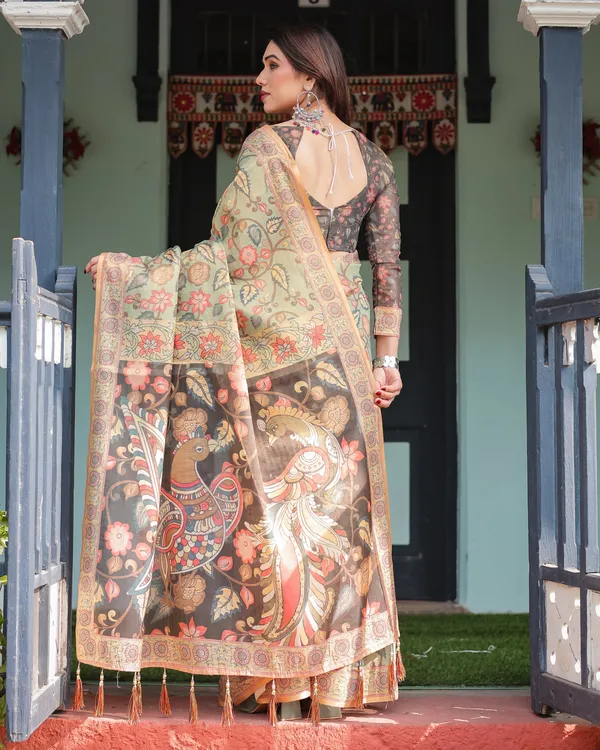 Sage_Green_with_Bold_Floral_Motifs_Linen_Cotton_Handloom_Printed_Saree,_Vibrant_Peacock_Pallu,_and_Tassels