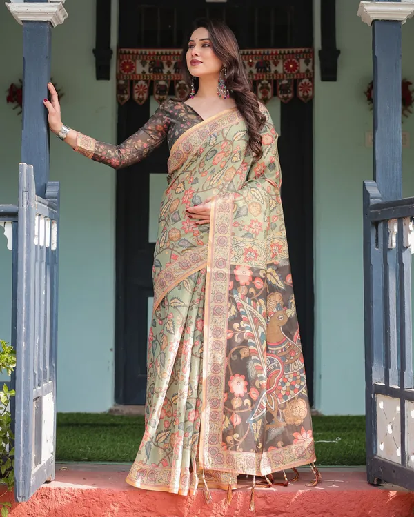 Sage_Green_with_Bold_Floral_Motifs_Linen_Cotton_Handloom_Printed_Saree,_Vibrant_Peacock_Pallu,_and_Tassels