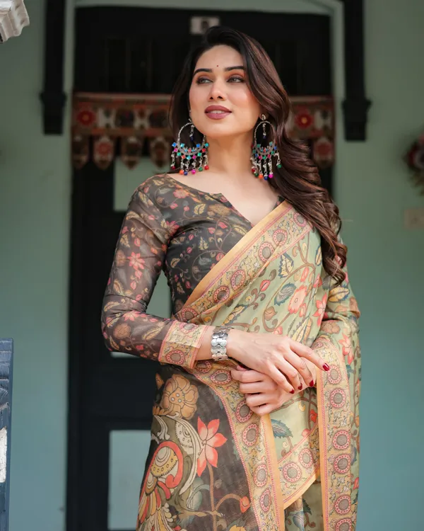 Sage_Green_with_Bold_Floral_Motifs_Linen_Cotton_Handloom_Printed_Saree,_Vibrant_Peacock_Pallu,_and_Tassels