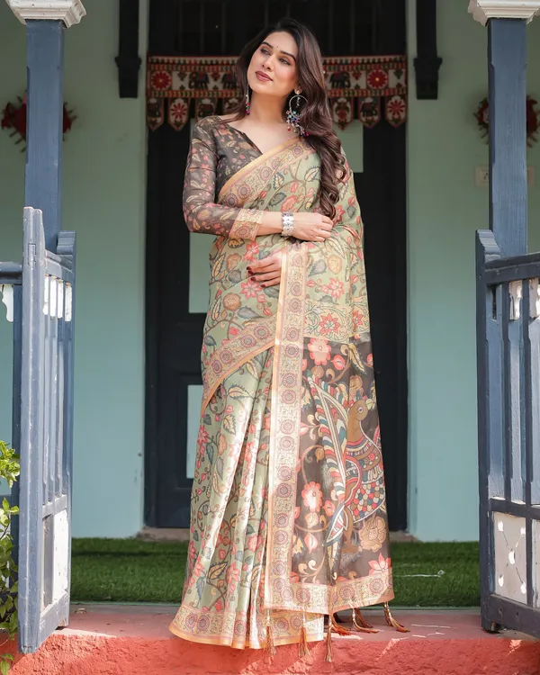 Sage_Green_with_Bold_Floral_Motifs_Linen_Cotton_Handloom_Printed_Saree,_Vibrant_Peacock_Pallu,_and_Tassels