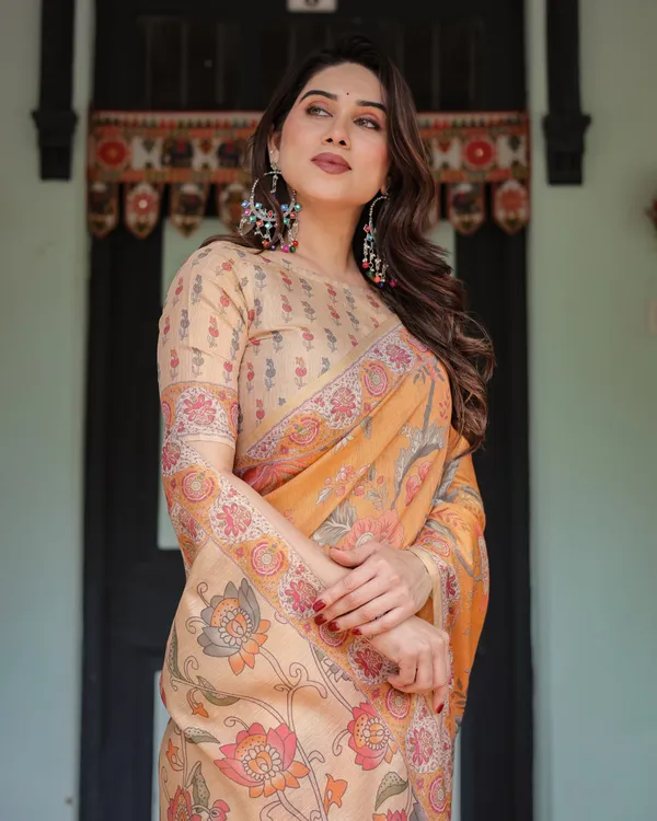 Sunny_Mustard_with_Floral_Motifs_Linen_Cotton_Handloom_Printed_Saree,_Delicate_Borders,_and_Tassels