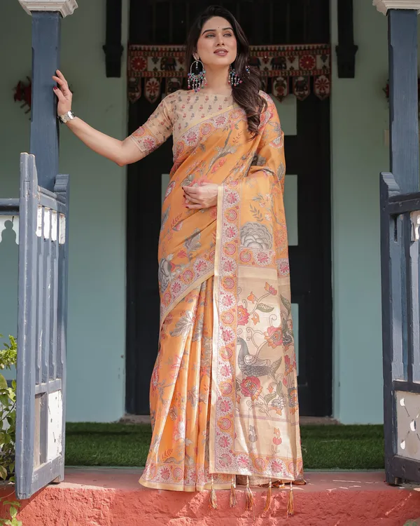 Sunny_Mustard_with_Floral_Motifs_Linen_Cotton_Handloom_Printed_Saree,_Delicate_Borders,_and_Tassels