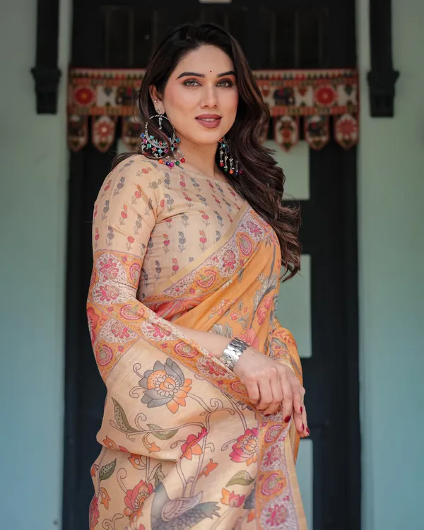 Sunny_Mustard_with_Floral_Motifs_Linen_Cotton_Handloom_Printed_Saree,_Delicate_Borders,_and_Tassels