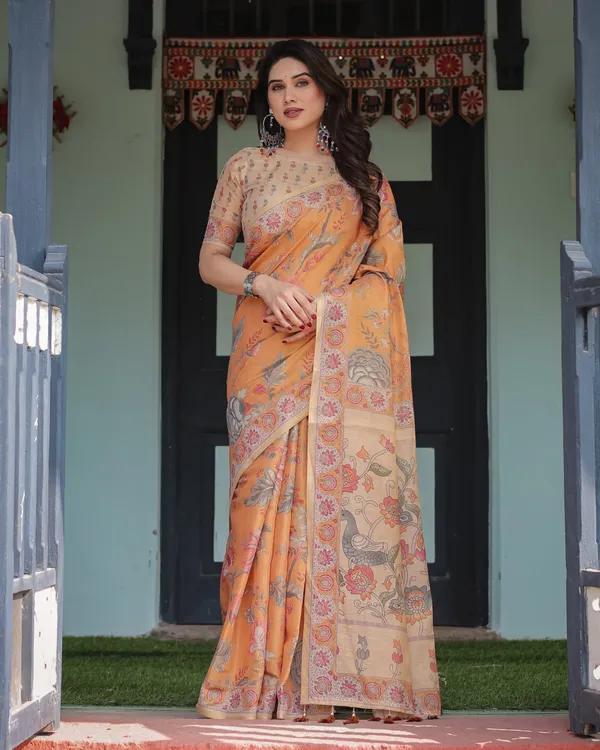 Sunny_Mustard_with_Floral_Motifs_Linen_Cotton_Handloom_Printed_Saree,_Delicate_Borders,_and_Tassels