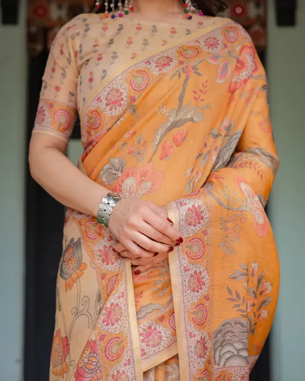 Sunny_Mustard_with_Floral_Motifs_Linen_Cotton_Handloom_Printed_Saree,_Delicate_Borders,_and_Tassels