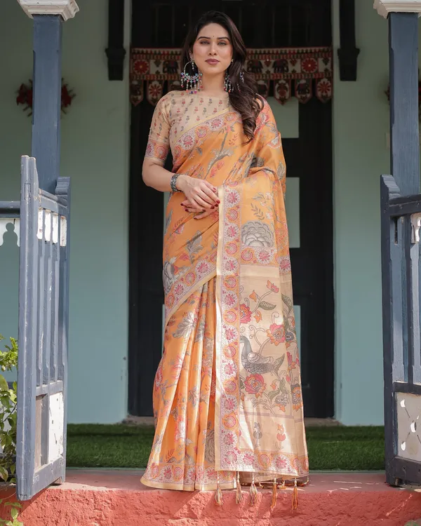 Sunny_Mustard_with_Floral_Motifs_Linen_Cotton_Handloom_Printed_Saree,_Delicate_Borders,_and_Tassels