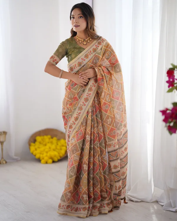 Multicolor_Zari_Woven_Handloom_Cotton_Saree_with_Traditional_Animal_&_Floral_Motifs_and_Tassels