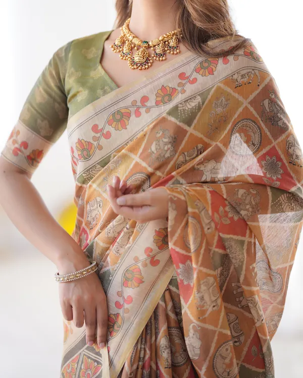 Multicolor_Zari_Woven_Handloom_Cotton_Saree_with_Traditional_Animal_&_Floral_Motifs_and_Tassels