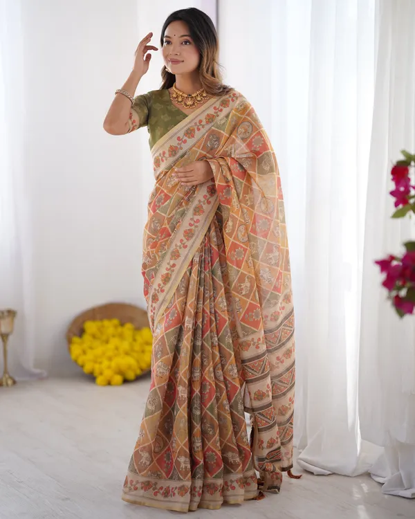 Multicolor_Zari_Woven_Handloom_Cotton_Saree_with_Traditional_Animal_&_Floral_Motifs_and_Tassels