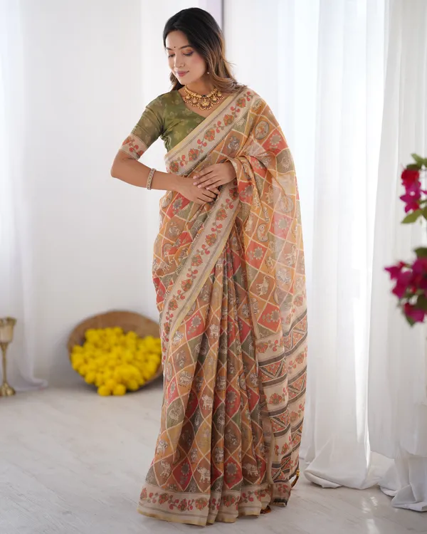 Multicolor_Zari_Woven_Handloom_Cotton_Saree_with_Traditional_Animal_&_Floral_Motifs_and_Tassels