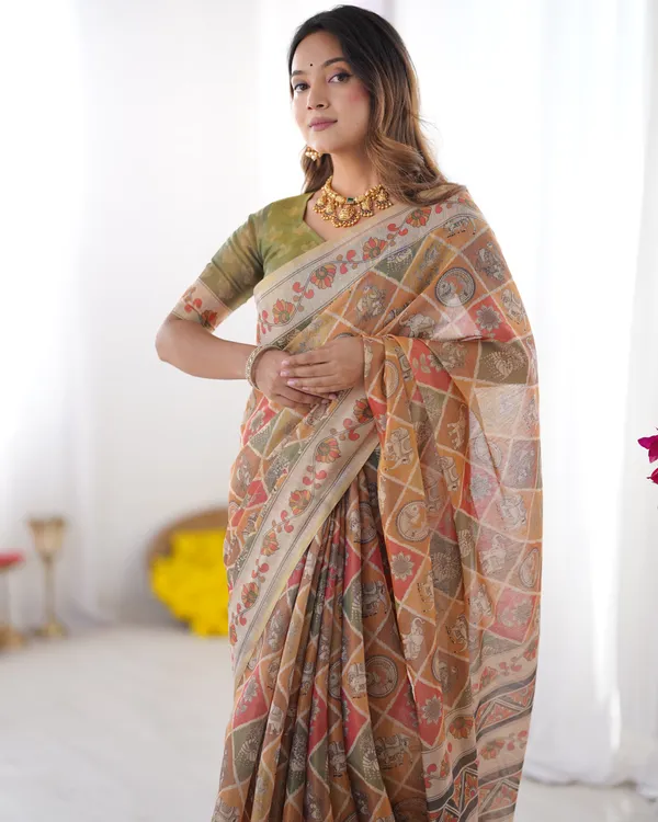 Multicolor_Zari_Woven_Handloom_Cotton_Saree_with_Traditional_Animal_&_Floral_Motifs_and_Tassels