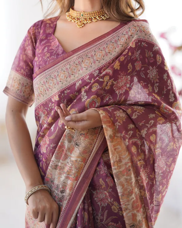 Plum_Handloom_Cotton_Saree_with_Floral_Print,_Mythical_Border_&_Tassels