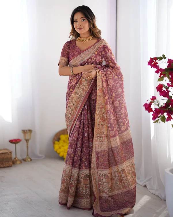 Plum_Handloom_Cotton_Saree_with_Floral_Print,_Mythical_Border_&_Tassels