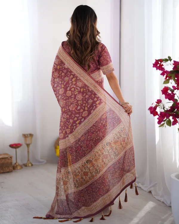 Plum_Handloom_Cotton_Saree_with_Floral_Print,_Mythical_Border_&_Tassels