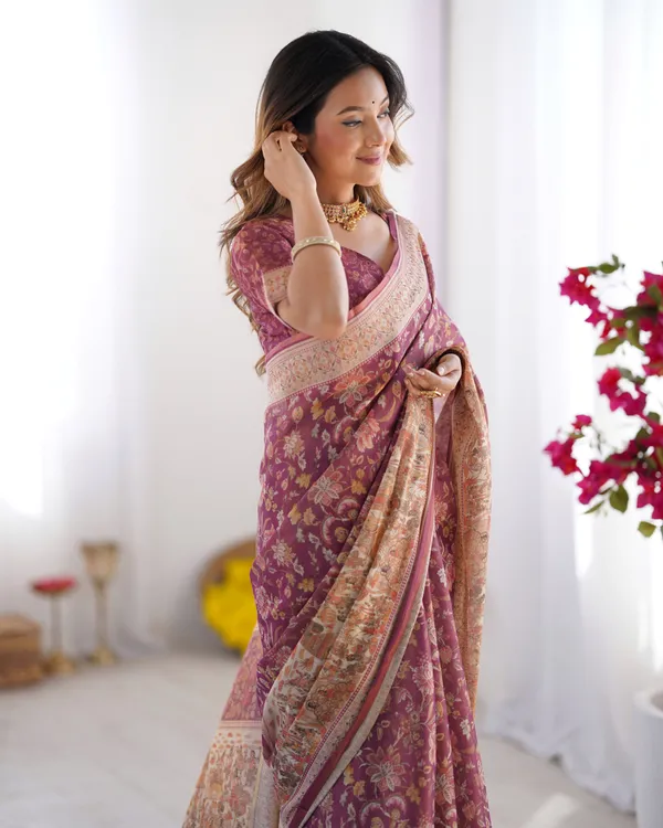 Plum_Handloom_Cotton_Saree_with_Floral_Print,_Mythical_Border_&_Tassels