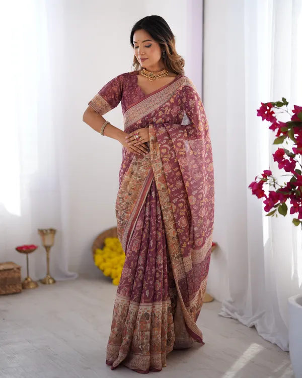 Plum_Handloom_Cotton_Saree_with_Floral_Print,_Mythical_Border_&_Tassels