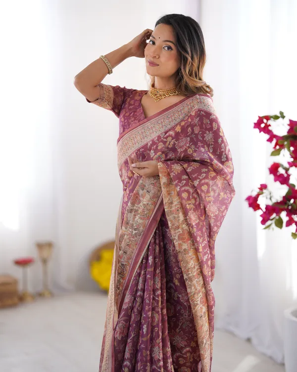 Plum_Handloom_Cotton_Saree_with_Floral_Print,_Mythical_Border_&_Tassels