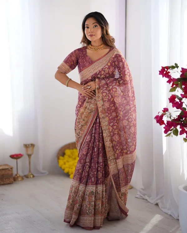 Plum_Handloom_Cotton_Saree_with_Floral_Print,_Mythical_Border_&_Tassels
