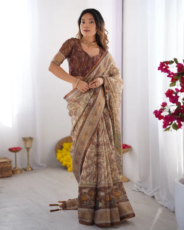 Beige_&_Brown_Handloom_Cotton_Saree_with_Mythical_Kalamkari_Pallu_and_Elephant_Motifs