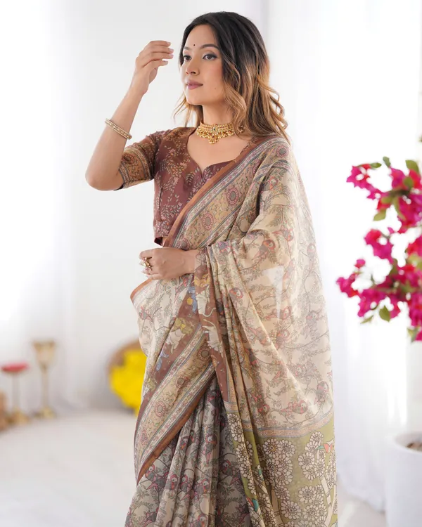 Beige_&_Brown_Handloom_Cotton_Saree_with_Mythical_Kalamkari_Pallu_and_Elephant_Motifs
