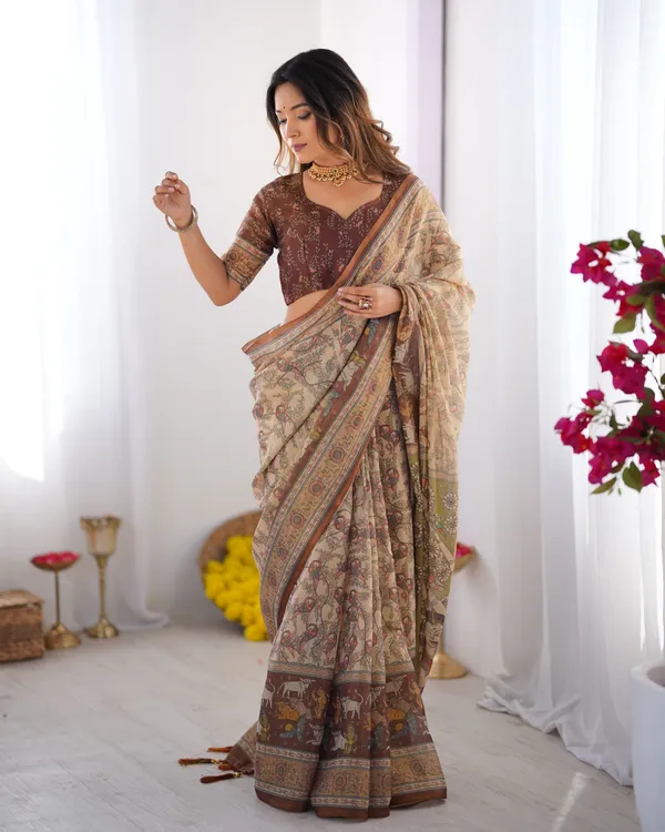 Beige_&_Brown_Handloom_Cotton_Saree_with_Mythical_Kalamkari_Pallu_and_Elephant_Motifs