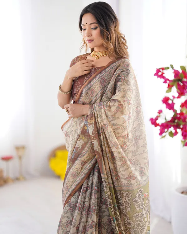 Beige_&_Brown_Handloom_Cotton_Saree_with_Mythical_Kalamkari_Pallu_and_Elephant_Motifs