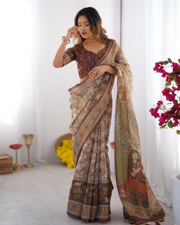 Beige_&_Brown_Handloom_Cotton_Saree_with_Mythical_Kalamkari_Pallu_and_Elephant_Motifs