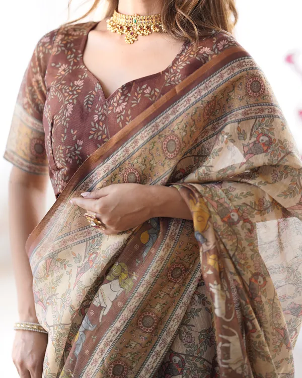Beige_&_Brown_Handloom_Cotton_Saree_with_Mythical_Kalamkari_Pallu_and_Elephant_Motifs