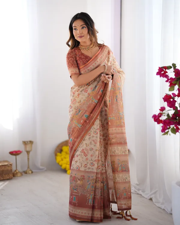 Ivory_Handloom_Cotton_Saree_with_Maroon_Borders,_Floral_Print_&_Royal_Procession_Pallu