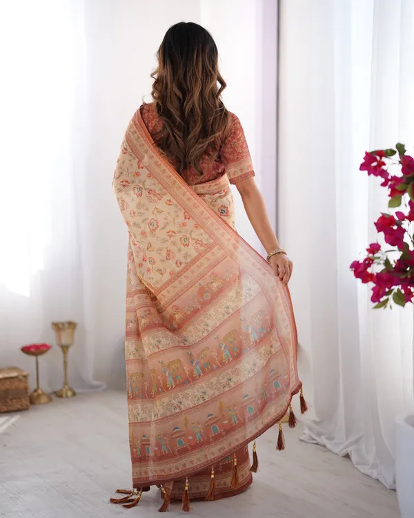 Ivory_Handloom_Cotton_Saree_with_Maroon_Borders,_Floral_Print_&_Royal_Procession_Pallu