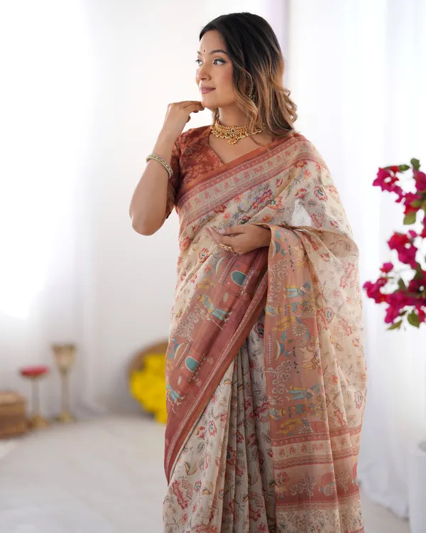 Ivory_Handloom_Cotton_Saree_with_Maroon_Borders,_Floral_Print_&_Royal_Procession_Pallu