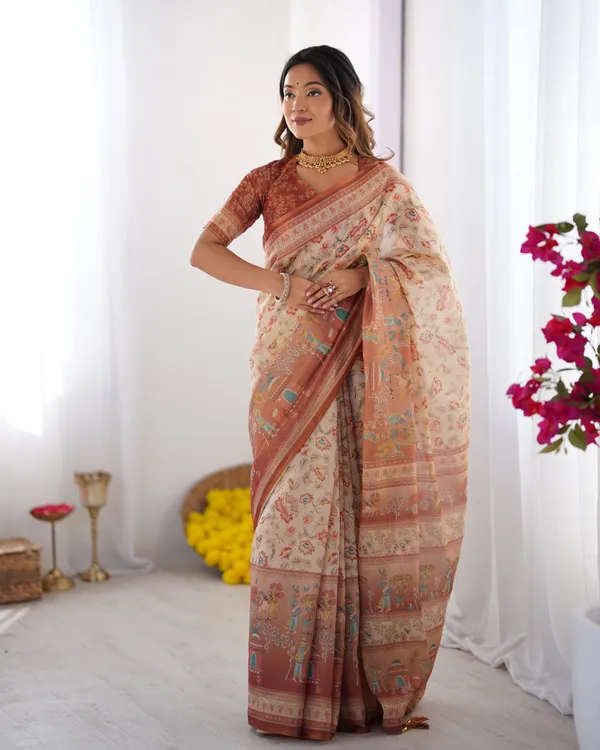 Ivory_Handloom_Cotton_Saree_with_Maroon_Borders,_Floral_Print_&_Royal_Procession_Pallu