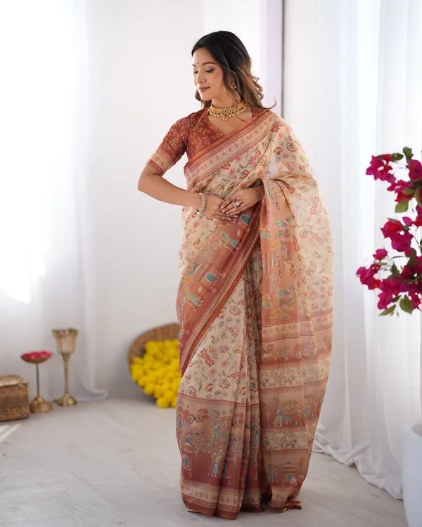 Ivory_Handloom_Cotton_Saree_with_Maroon_Borders,_Floral_Print_&_Royal_Procession_Pallu
