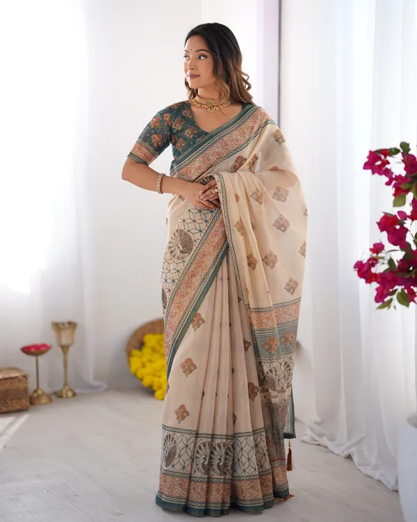 Ivory_&_Teal_Handloom_Cotton_Saree_with_Buti_Print,_Mandala_Motifs_&_Peacock_Pallu